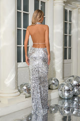 Silver Sequin Halter Gown